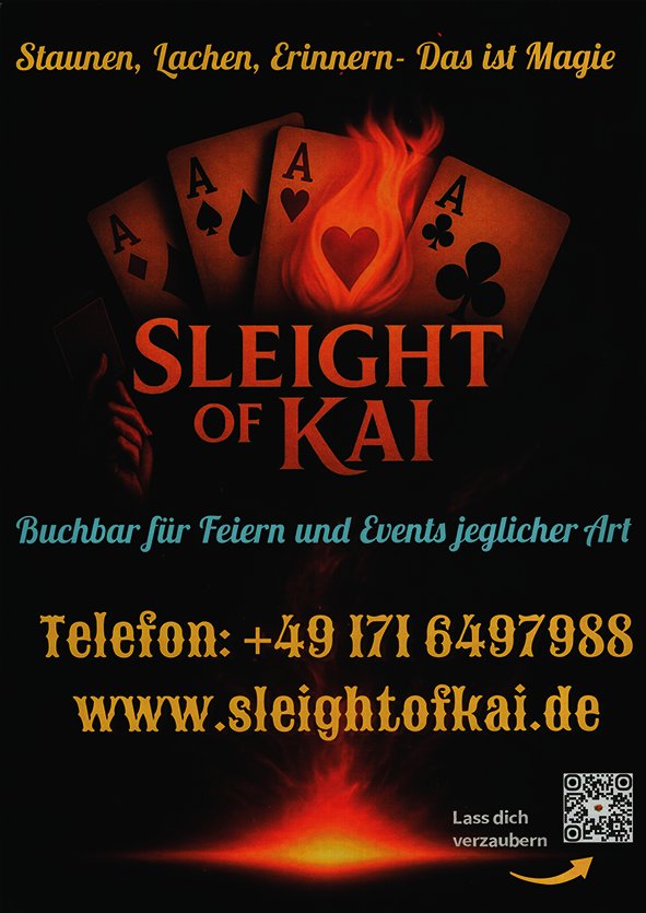 Plakat von Sleight of kai; schwarzer Hintergrund; gelb; rot und blaue Schriften