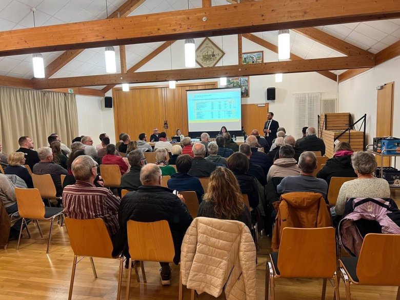 Bürgermeister Luca Fritsch beim Vortrag vor Bürgerinnen und Bürgern im Dorfgemeinschaftshaus Loshausen